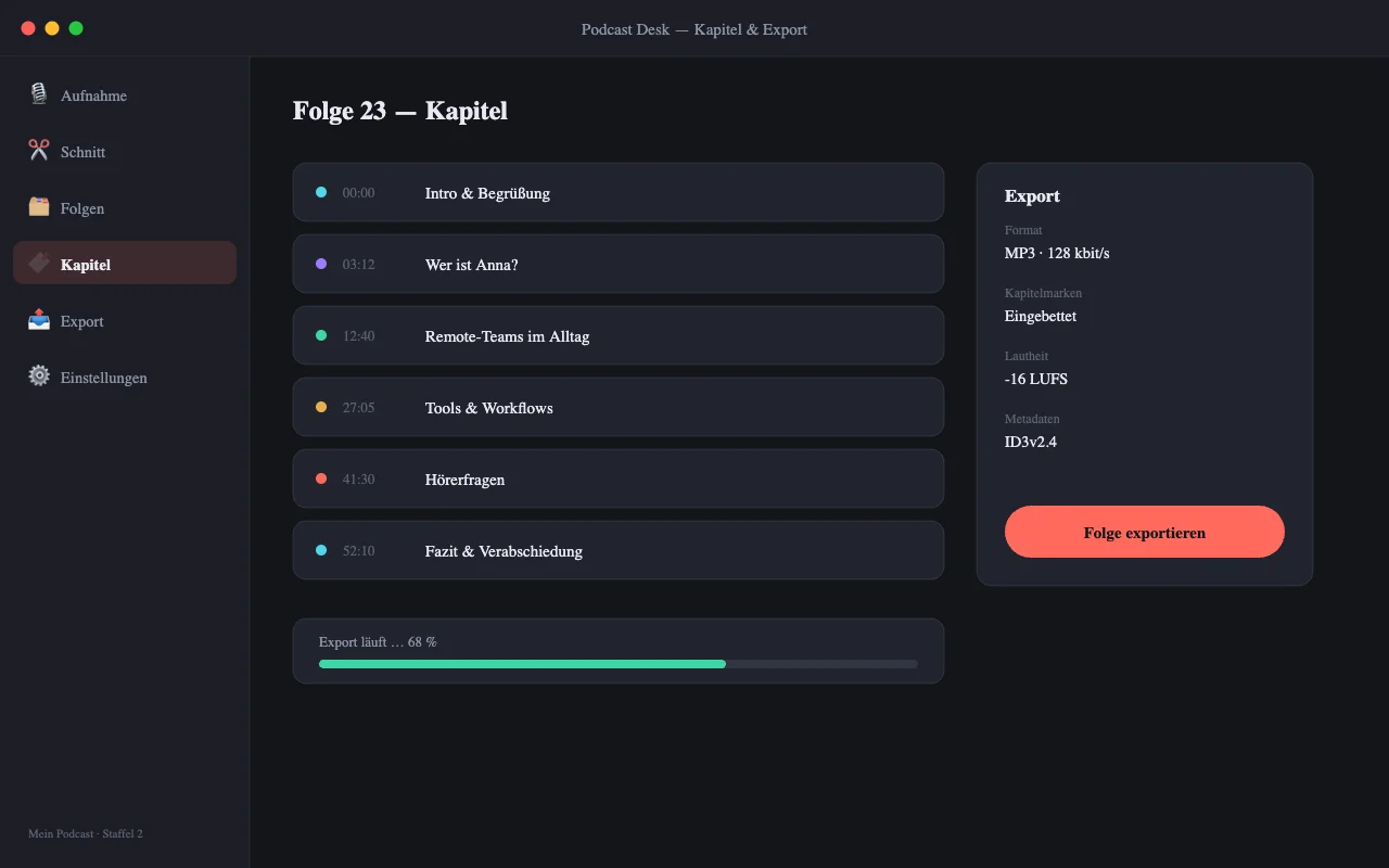 Podcast Desk — Kapitelmarken und Export