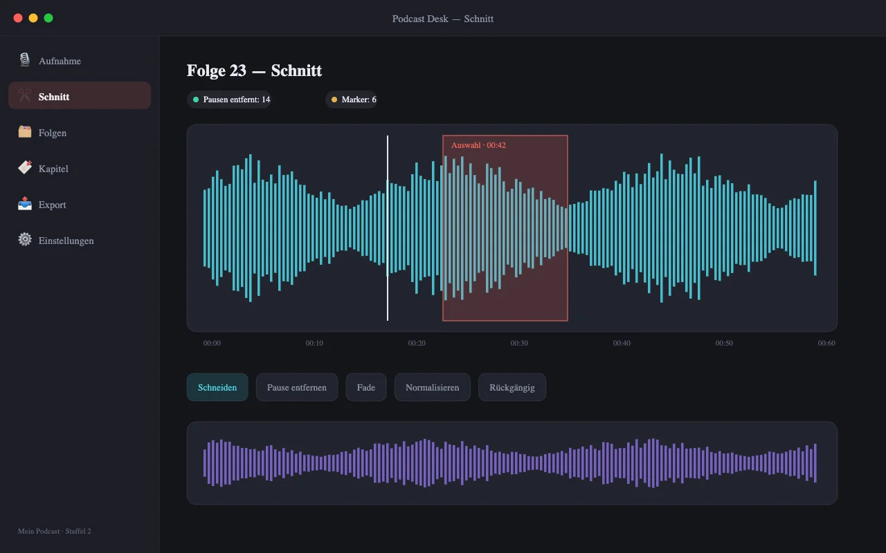 Podcast Desk — Schnitt an der Wellenform
